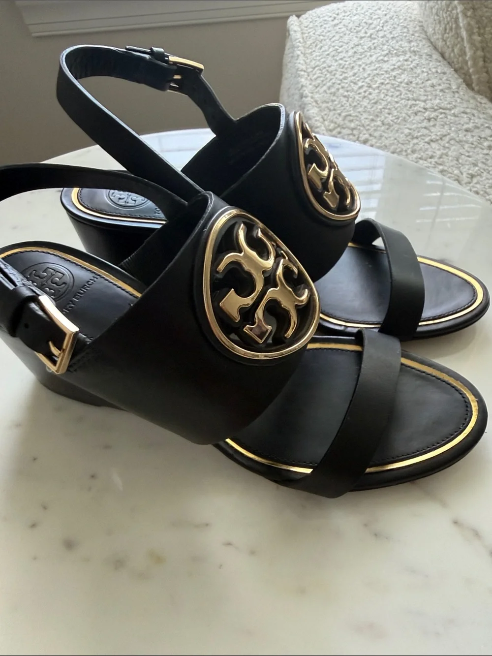 Tory Burch Miller Black Wedge Sandals with Gold Emblem Size 7.5